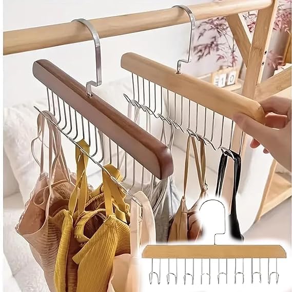 Wooden 8 Hook Adjustable Clothes Hanger for Lingerie, Belt, Scarf, Tie, Garments and Accessories (Pack of 1)